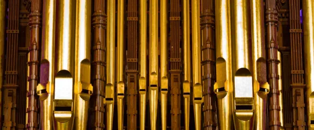 A view up the gilded façade pipes of the Tabernacle organ.