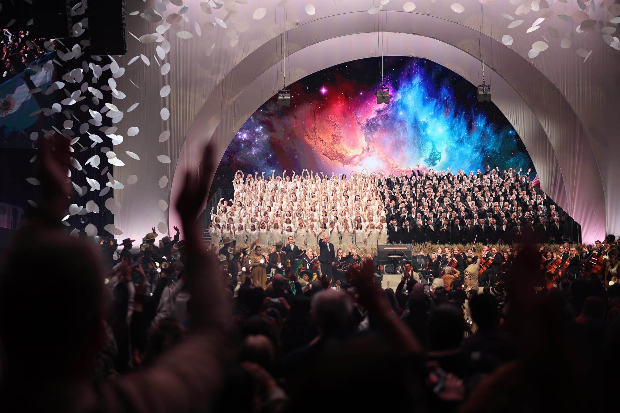 The Tabernacle Choir at Temple Square waves to the audience at the conclusion of their concert in Buenos Aires, Argentina, on Saturday, August 23, 2025.